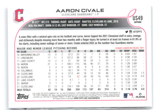 Aaron Civale Topps Chrome Update Sapphire Edition US49 2022 Cleveland Guardians
