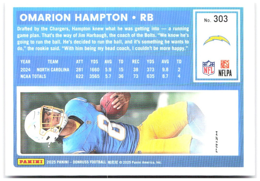 Omarion Hampton Donruss - Optic Rated Rookies Pink 303 2025 Los Angeles Chargers