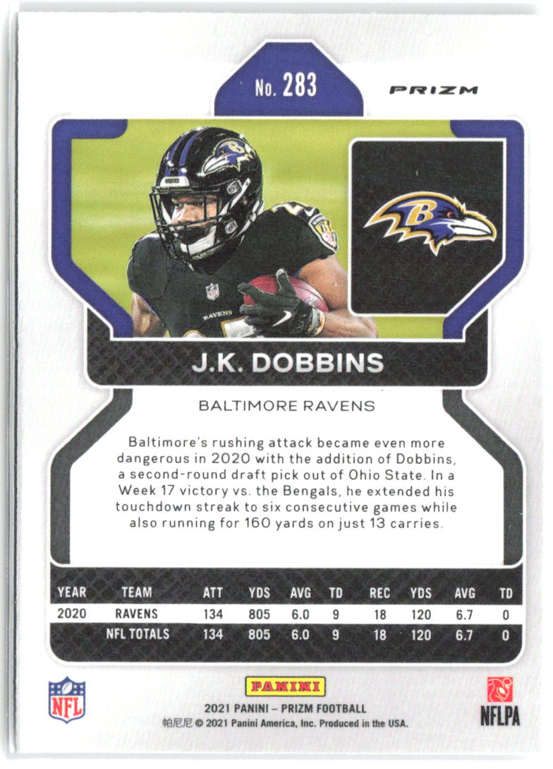 J.K. Dobbins Panini Prizm - Silver 283 2021 Baltimore Ravens
