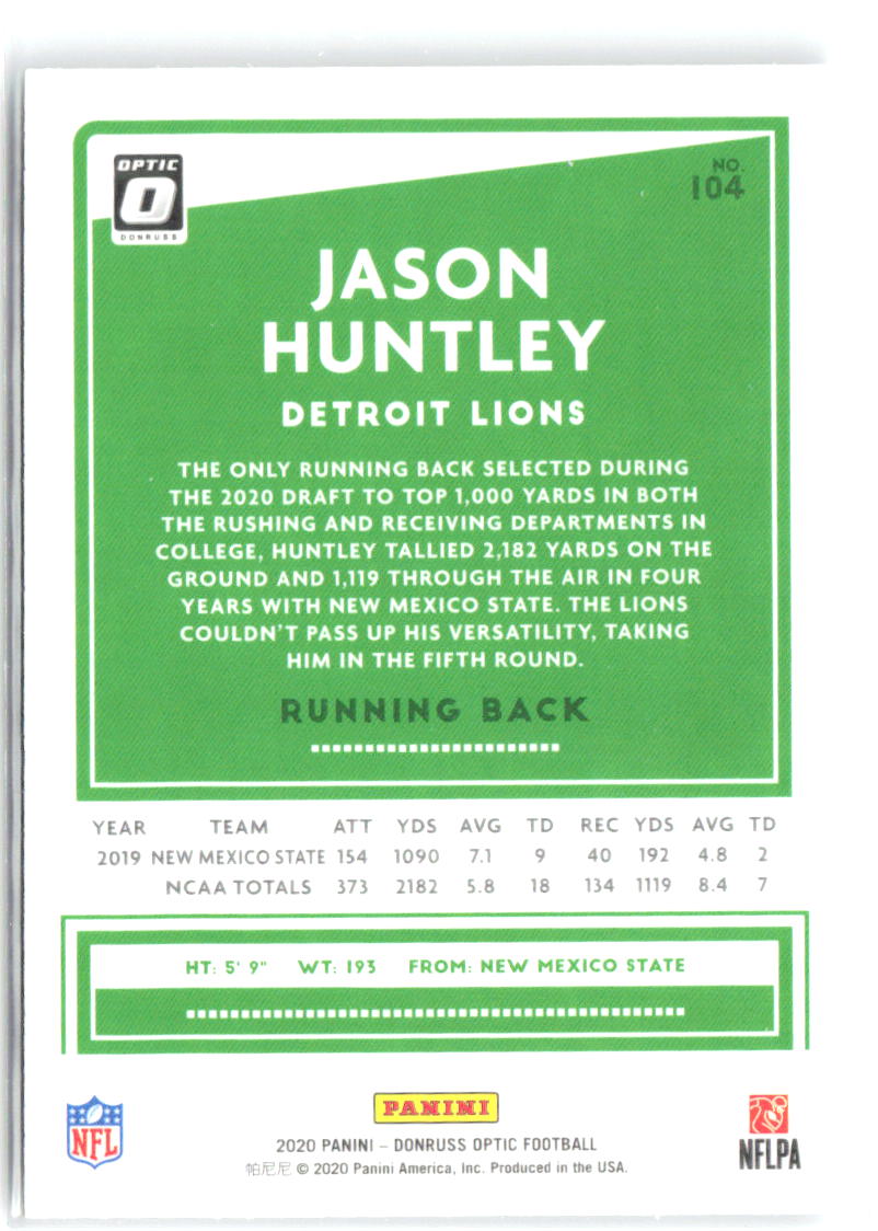 Jason Huntley Donruss Optic 104 2020 Detroit Lions RC