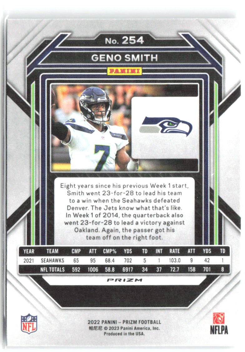 Geno Smith Panini Prizm - Silver 254 2022 Seattle Seahawks