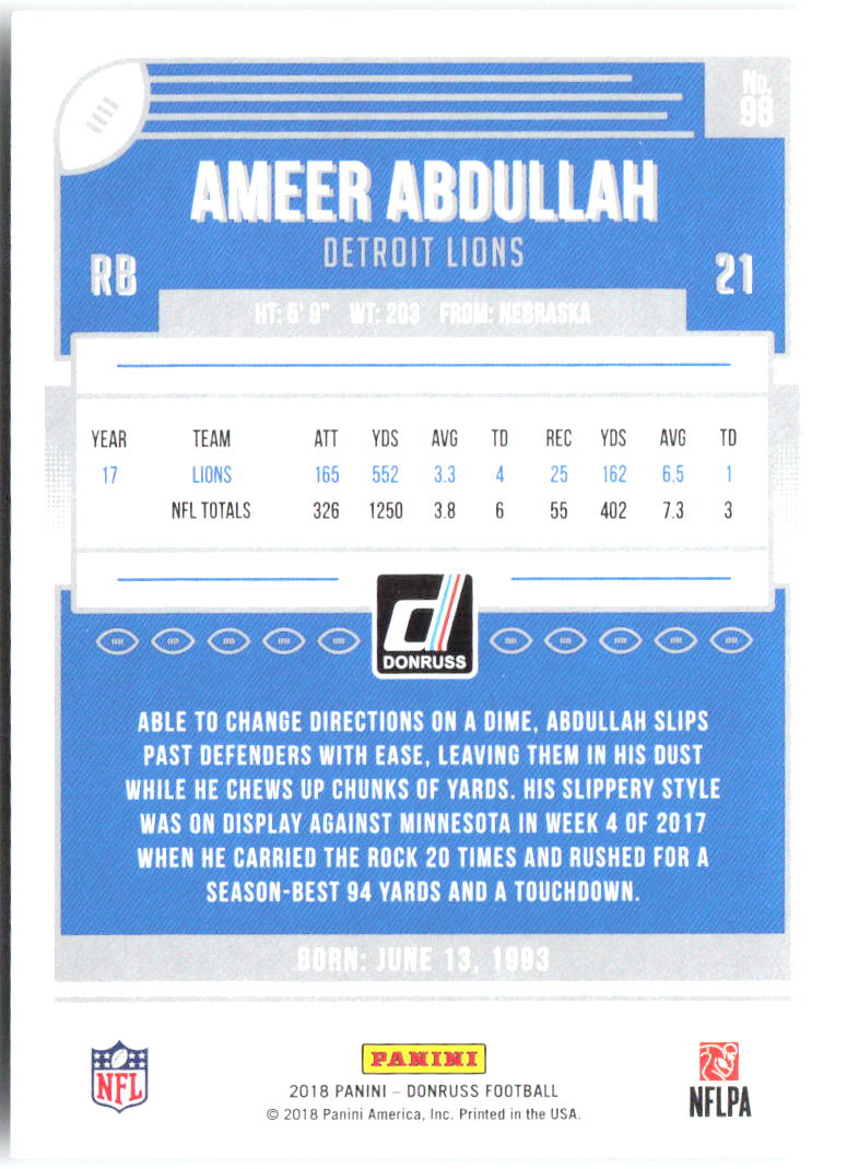 Ameer Abdullah Donruss 98 2018 Detroit Lions