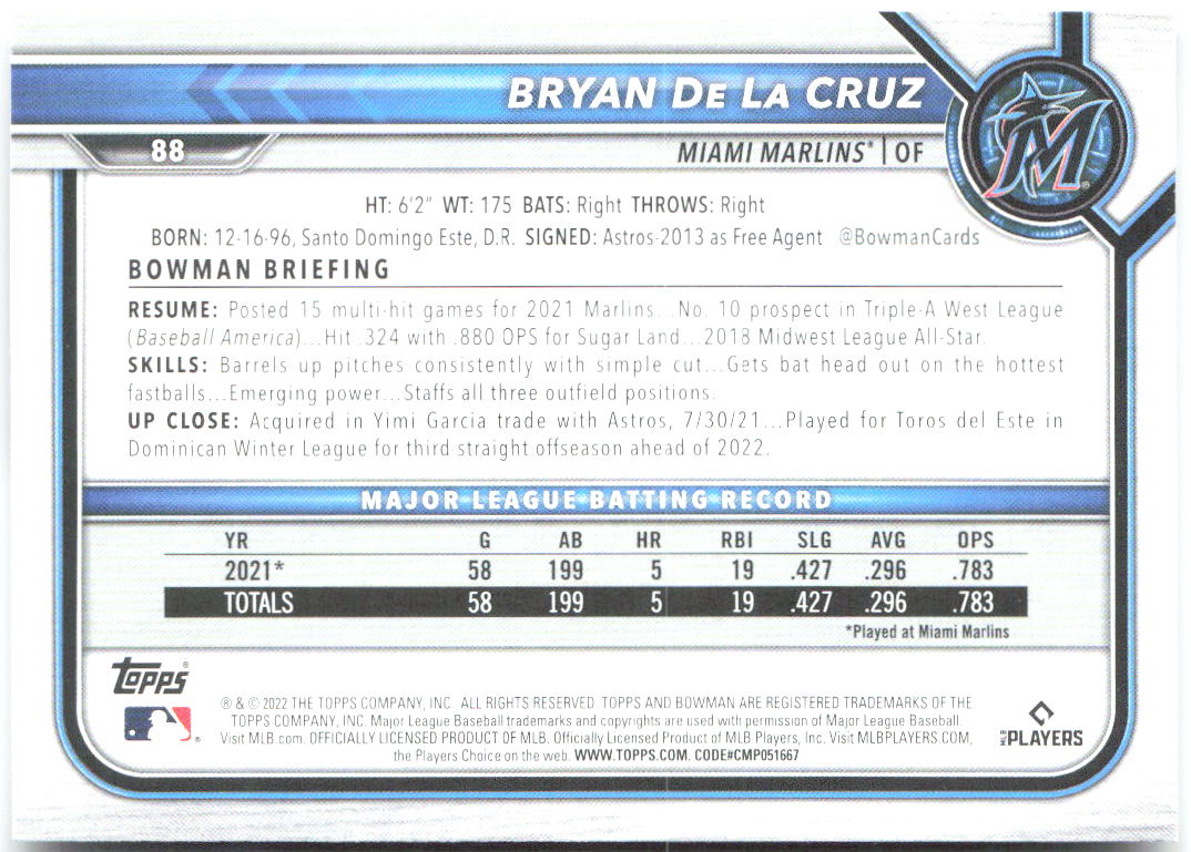 Bryan De La Cruz Bowman 88 2022 Miami Marlins RC