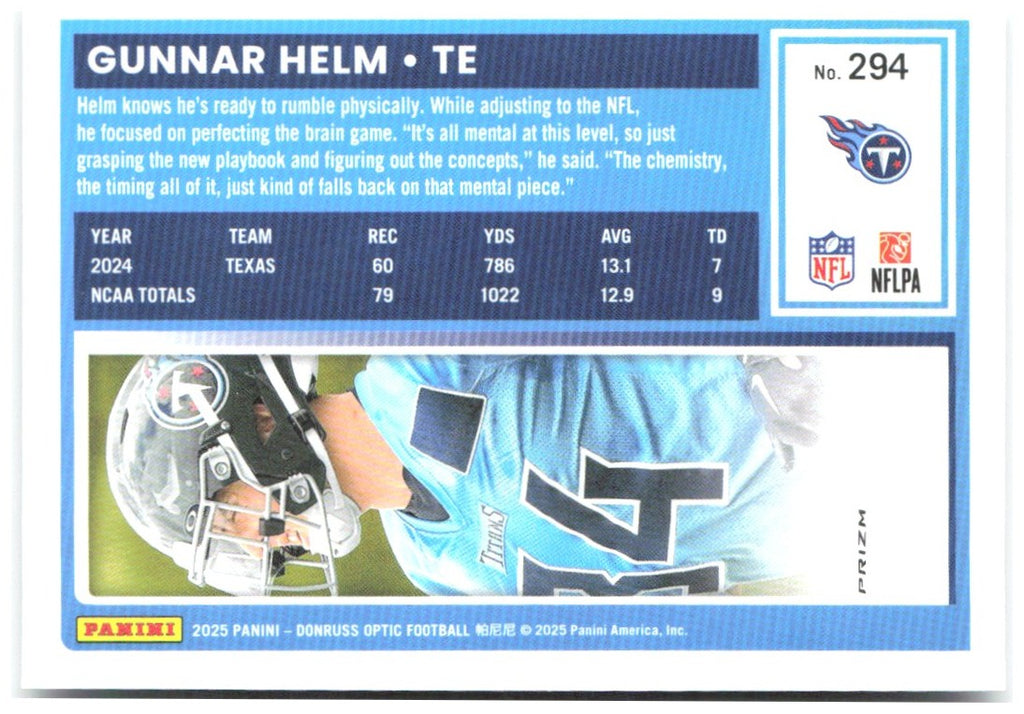 Gunnar Helm Donruss Optic - Holo 294 2025 Tennessee Titans