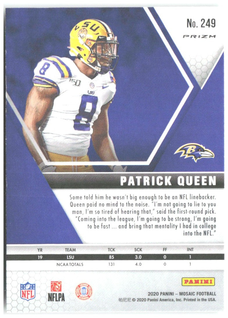 Patrick Queen Panini Mosaic - Prizm Green 249 2020 Baltimore Ravens
