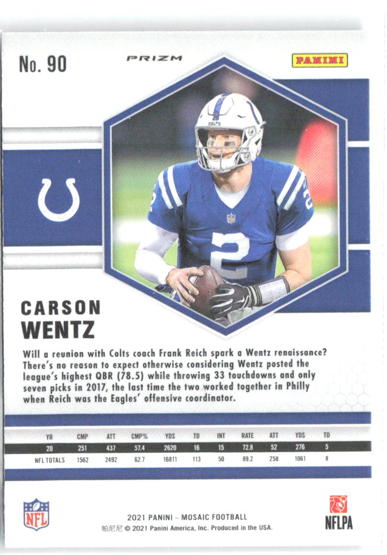 Carson Wentz Panini Mosaic - Prizm Camo Pink 90 2021 Indianapolis Colts