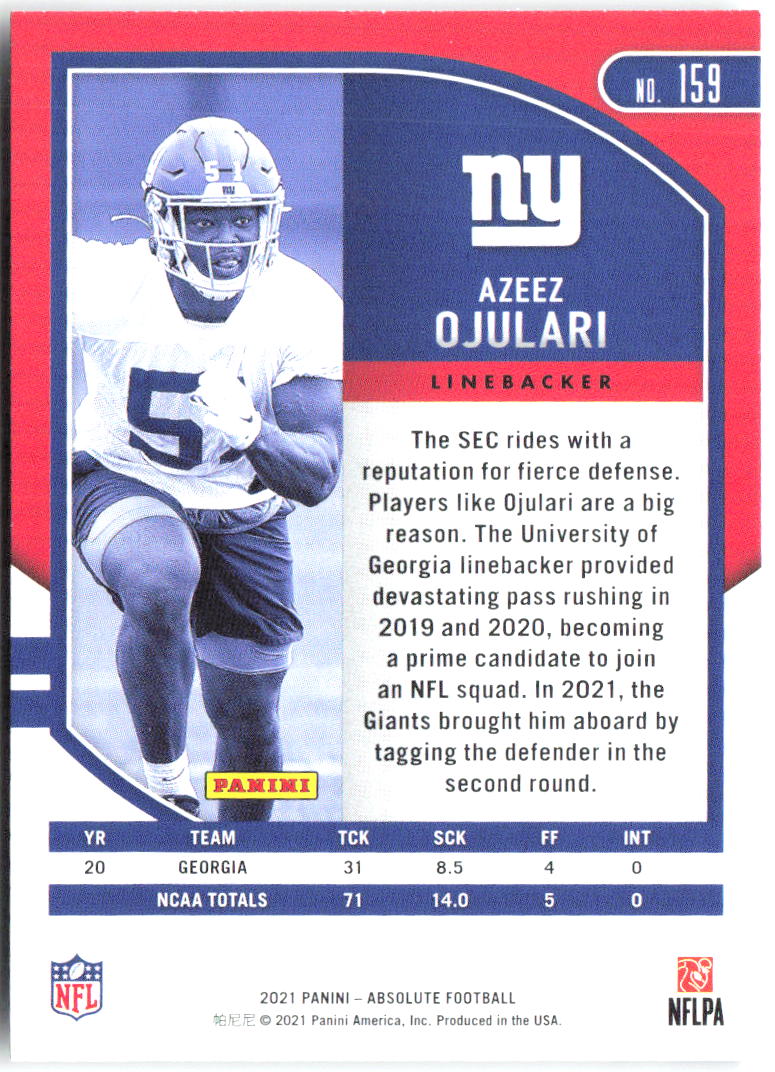 Azeez Ojulari Panini Absolute - Retail 159 2021 New York Giants RC