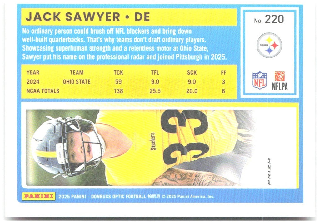 Jack Sawyer Donruss Optic - Pink 220 2025 Pittsburgh Steelers