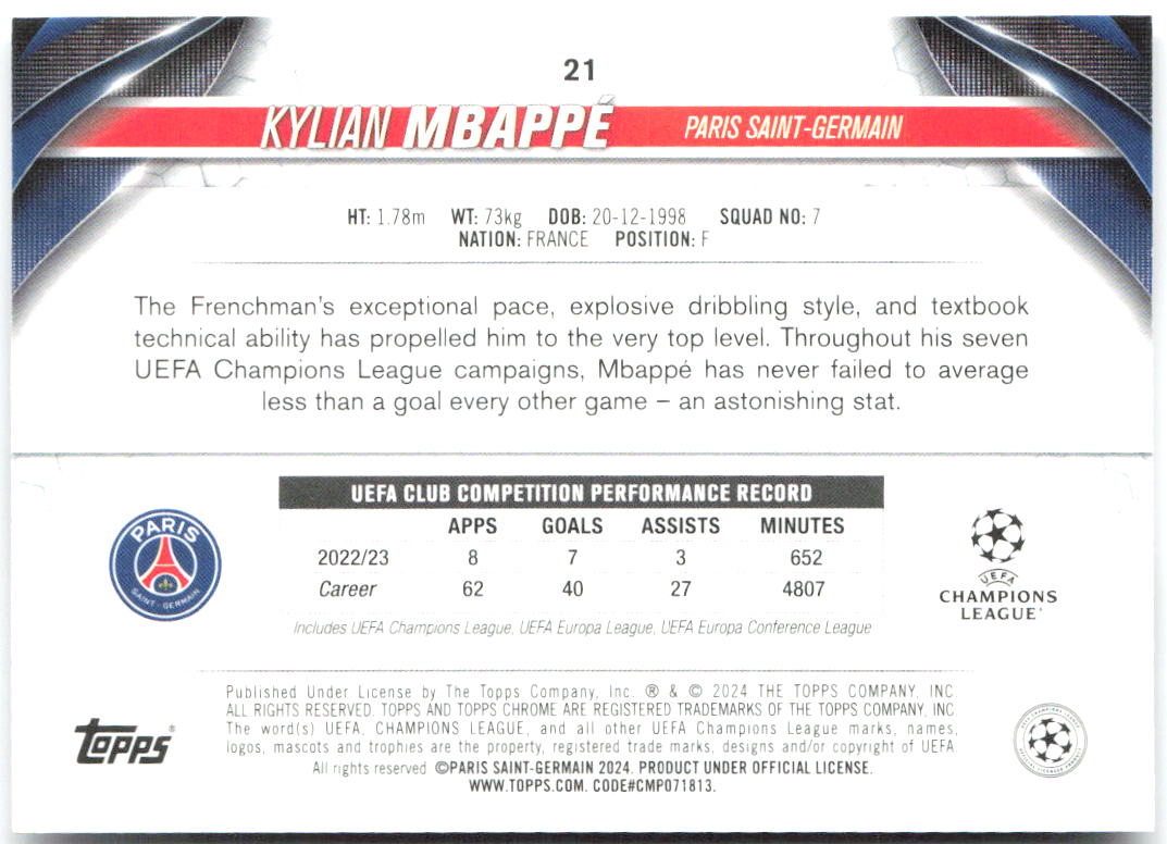 Kylian Mbappé Topps Chrome UEFA Club Competitions 21 2023-24 Paris Saint-Germain