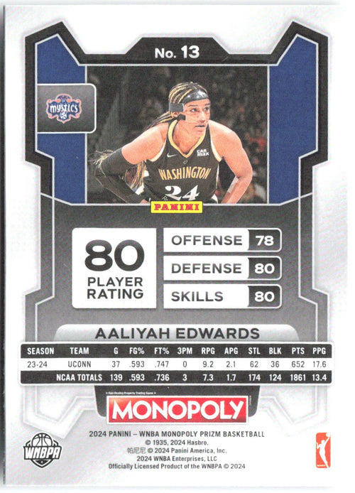 Aaliyah Edwards Panini Prizm Monopoly WNBA 13 2024 Washington Mystics RC