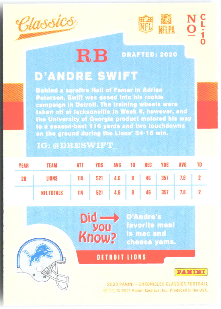 D'Andre Swift Panini Chronicles - Classics CL-10 2020 Detroit Lions