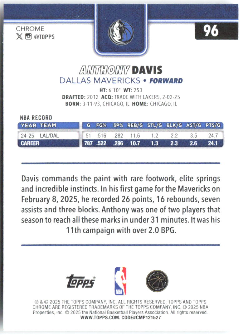 Anthony Davis Topps Chrome 96 2025-26 Dallas Mavericks