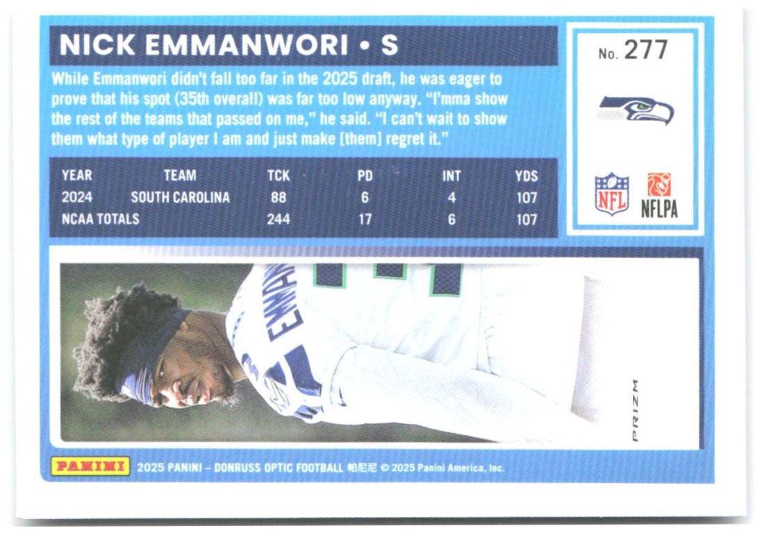 Nick Emmanwori Donruss Optic - Purple Shock 277 2025 Seattle Seahawks