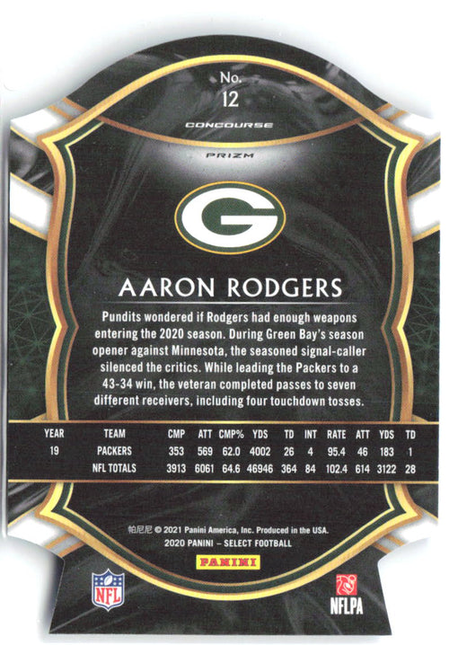 Aaron Rodgers Panini Select - Light Blue Prizm Die Cut 12 2020 Green Bay Packers