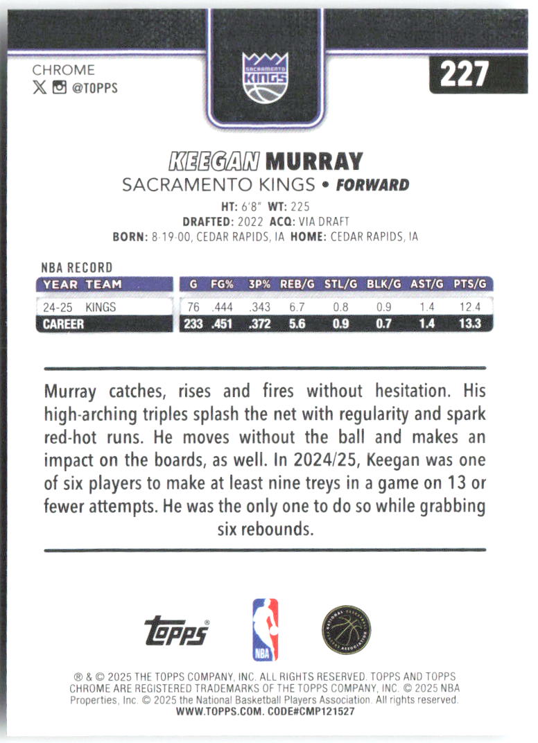 Keegan Murray Topps Chrome 227 2025-26 Sacramento Kings