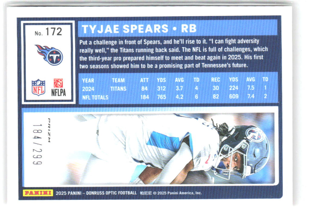 Tyjae Spears Donruss Optic - Orange 172 2025 Tennessee Titans /299