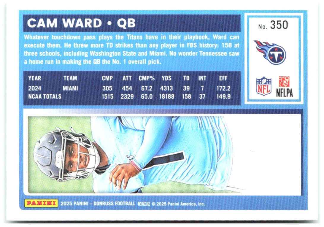 Cam Ward Donruss - Press Proofs Green 350 2025 Tennessee Titans
