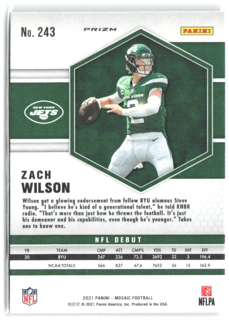 Zach Wilson Panini Mosaic - Prizm Green 243 2021 New York Jets