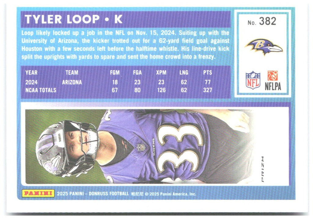 Tyler Loop Donruss - Optic Rated Rookies Blue Scope 382 2025 Baltimore Ravens