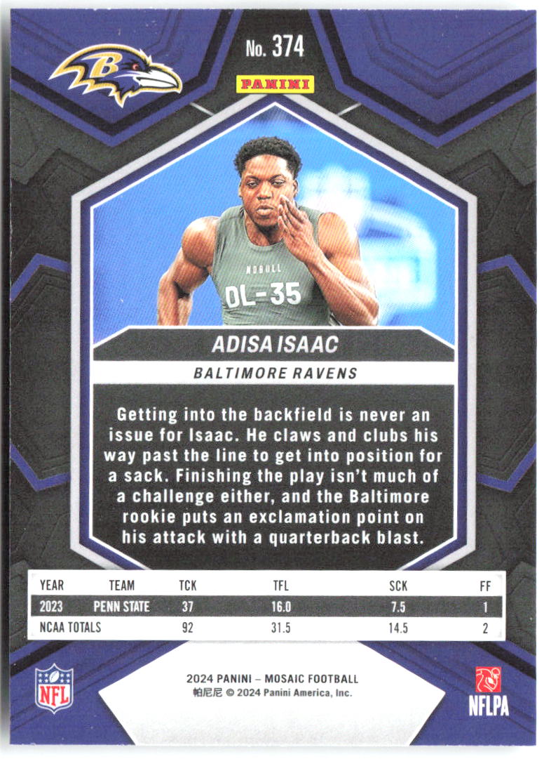 Adisa Isaac Panini Mosaic 374 2024 Baltimore Ravens RC