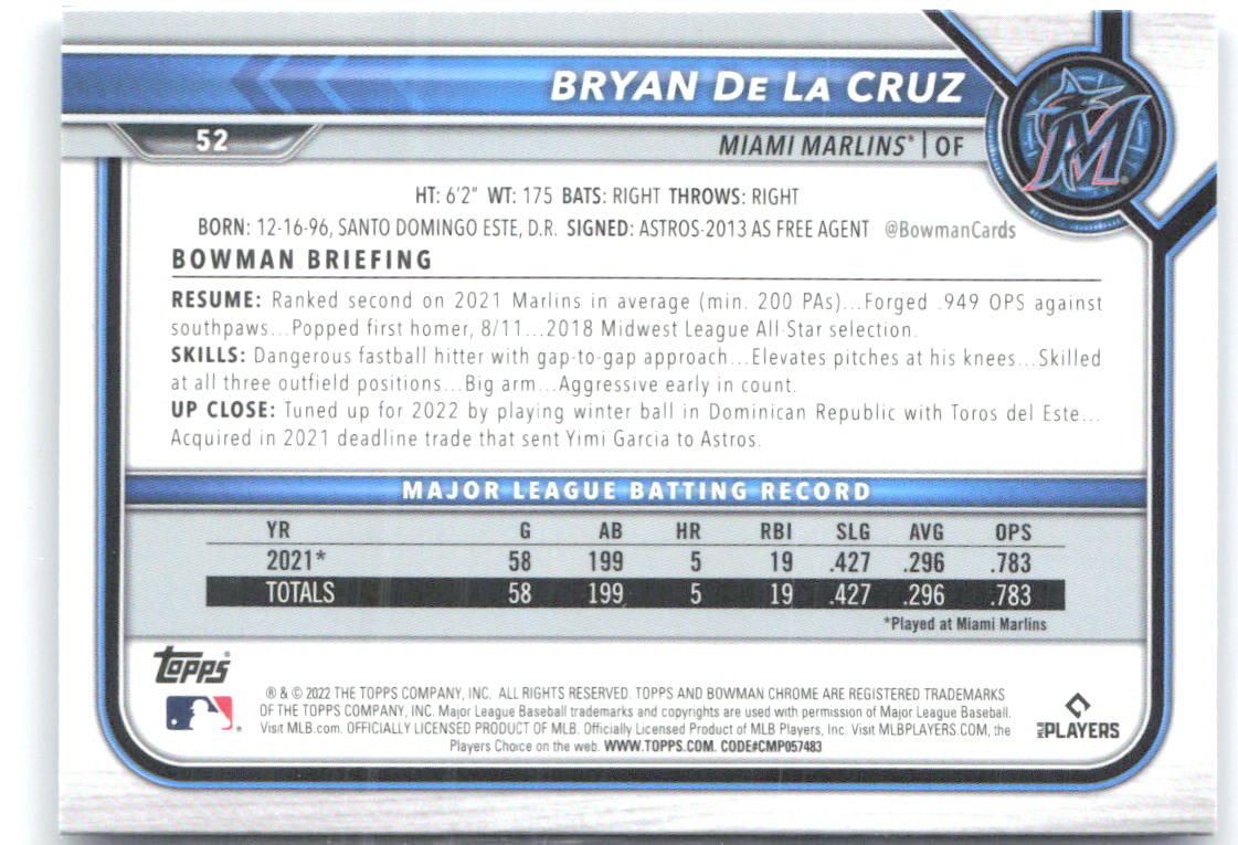 Bryan De La Cruz Bowman Chrome Sapphire Edition 52 2022 Miami Marlins RC