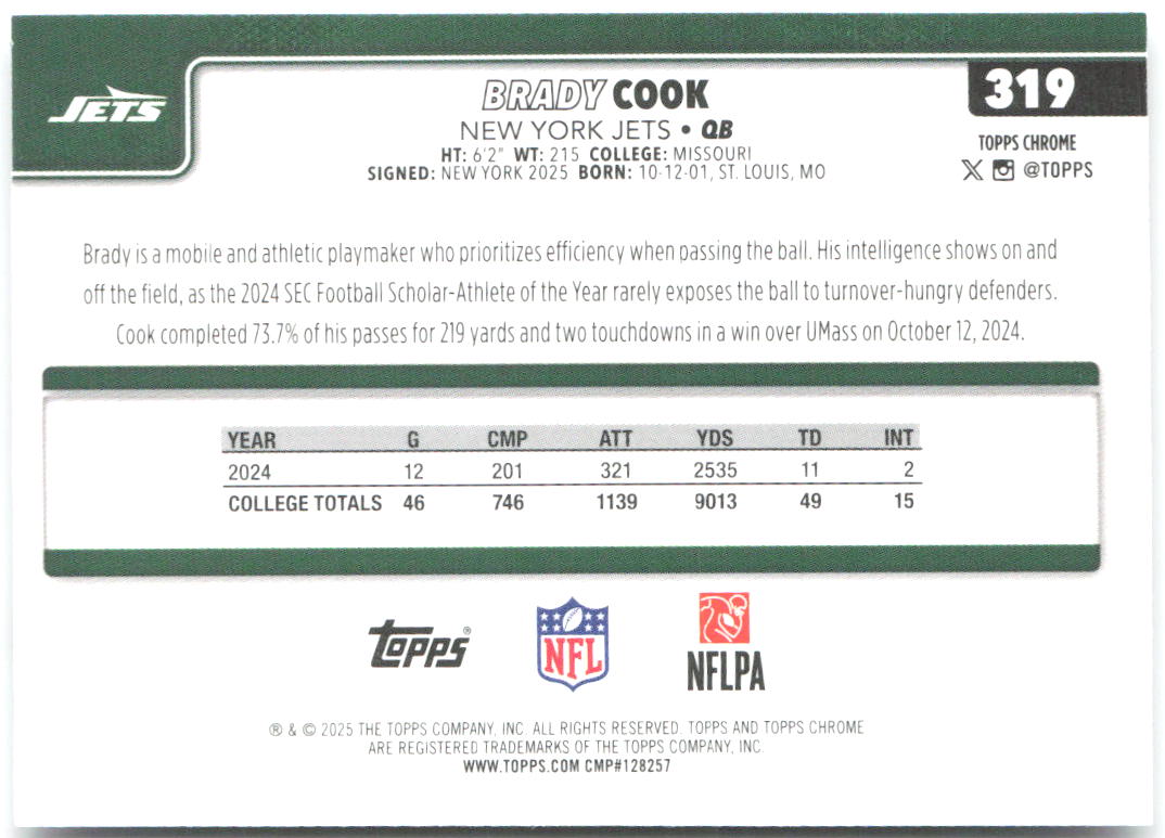 Brady Cook Topps Chrome 319 2025 New York Jets RC
