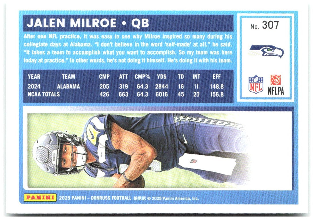 Jalen Milroe Donruss - Press Proofs Green 307 2025 Seattle Seahawks