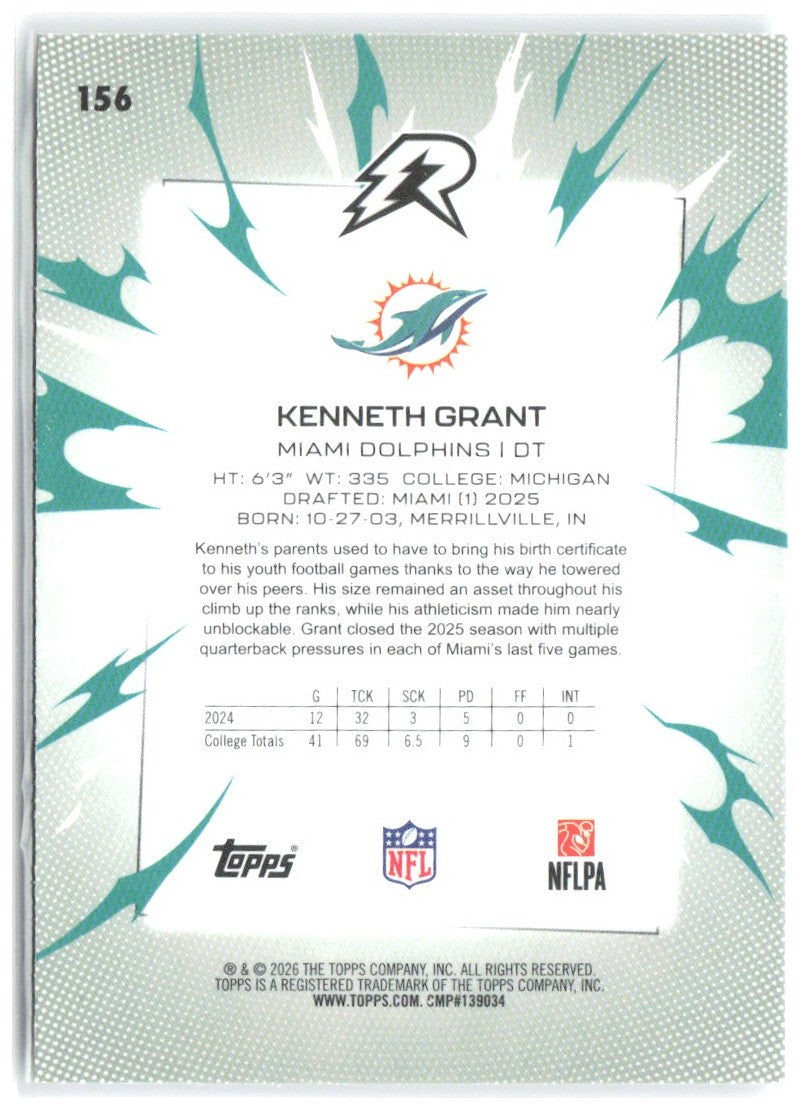 Kenneth Grant Topps Resurgence 156 2025 Miami Dolphins RC