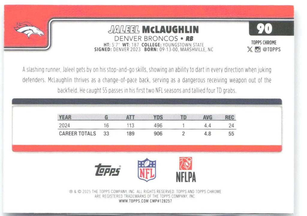Jaleel McLaughlin Topps Chrome - X-Fractor 90 2025 Denver Broncos