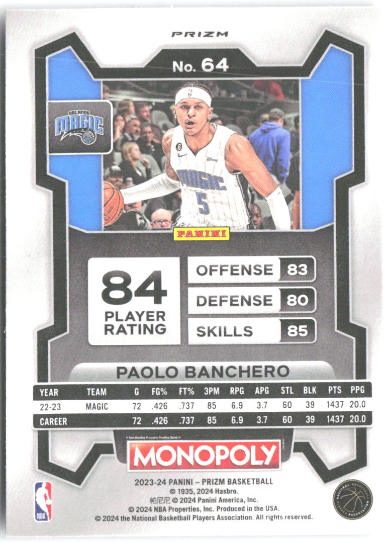 Paolo Banchero Panini Prizm Monopoly - Purple 64 2023-24 Orlando Magic