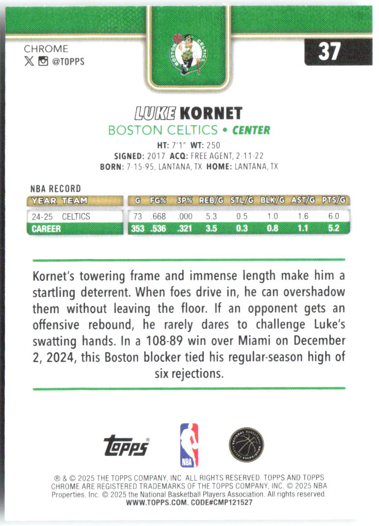 Luke Kornet Topps Chrome 37 2025-26 Boston Celtics