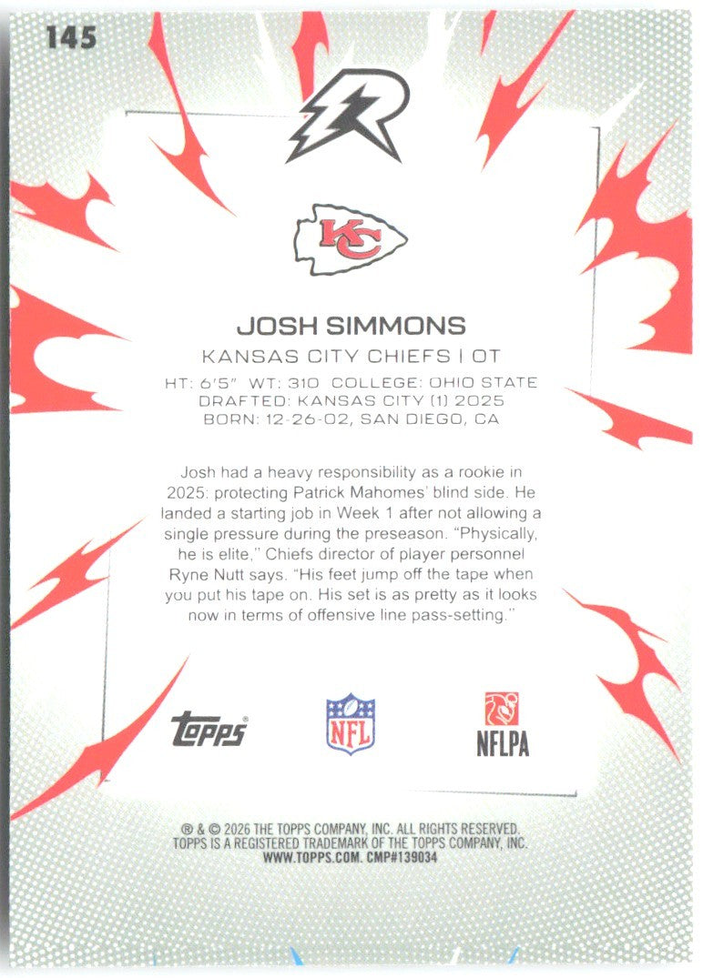 Josh Simmons Topps Resurgence 145 2025 Kansas City Chiefs RC