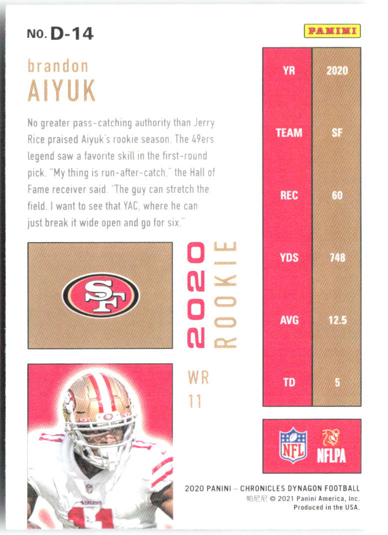 Brandon Aiyuk Panini Chronicles - Dynagon Rookies D-14 2020 San Francisco 49ers
