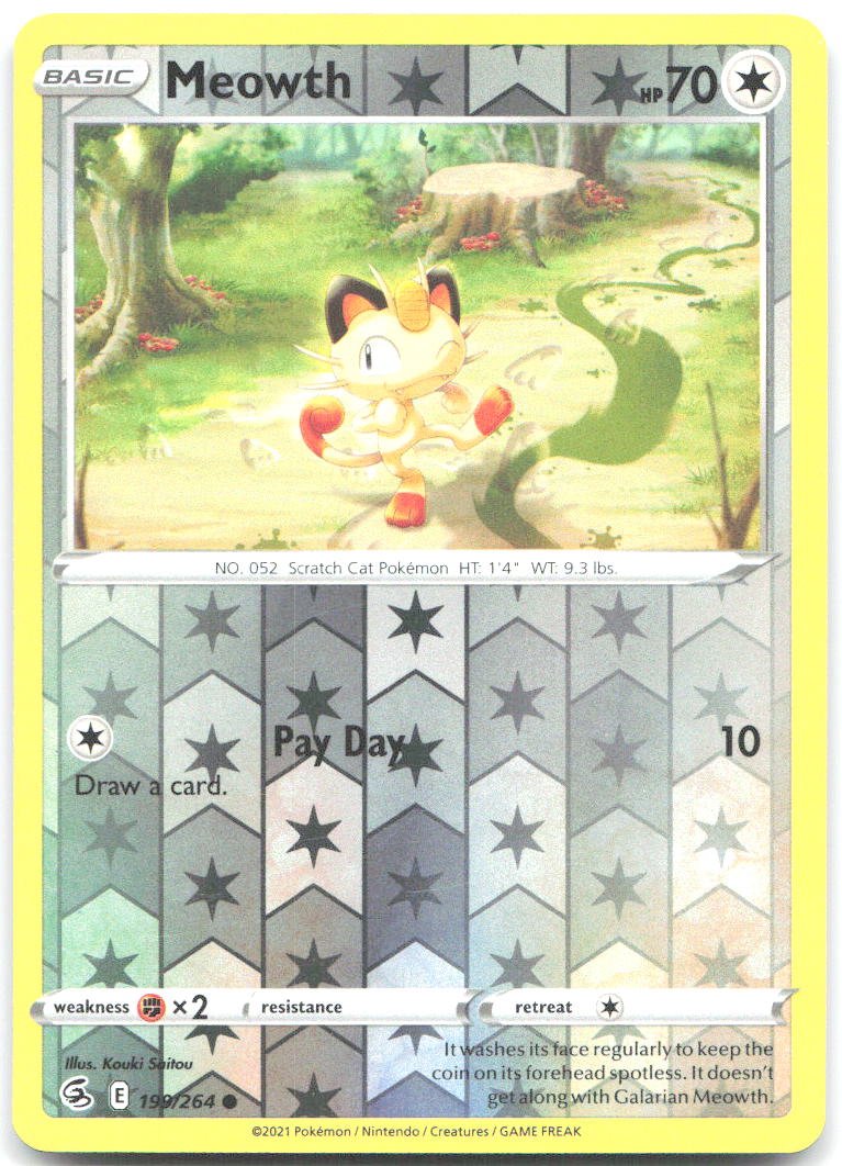 Meowth Reverse Holo Common SWSH08 Fusion Strike 199/264 NM Kouki Saitou