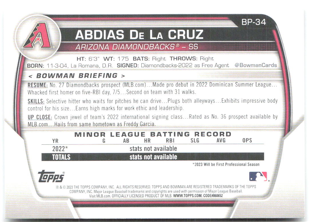 Abdias De La Cruz Bowman - Prospects BP-34 2023 Arizona Diamondbacks