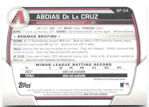 Abdias De La Cruz Bowman - Prospects BP-34 2023 Arizona Diamondbacks