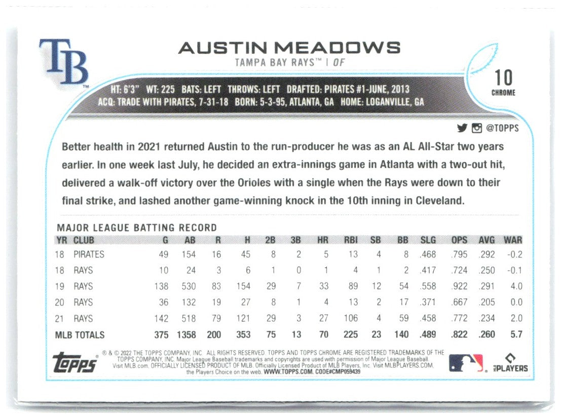 Austin Meadows Topps Chrome Sonic - Black & White RayWave 10 2022 Tampa Bay Rays