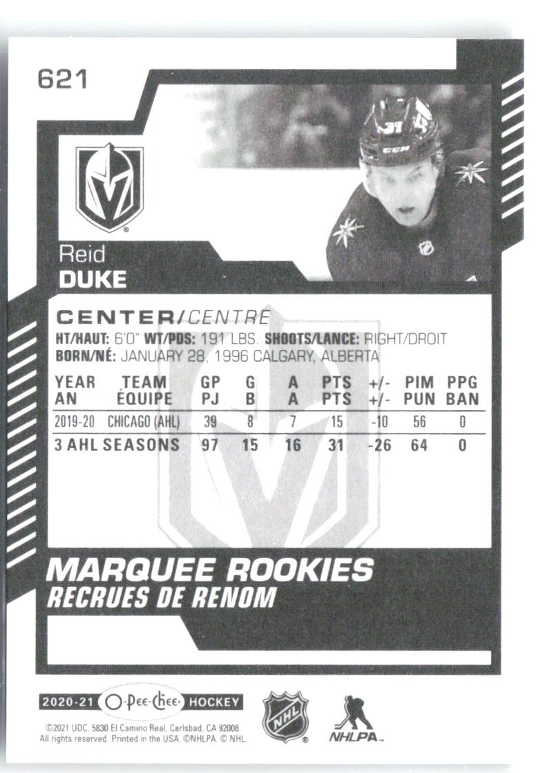 Reid Duke Upper Deck O-Pee-Chee Update 621 2020-21 Vegas Golden Knights RC