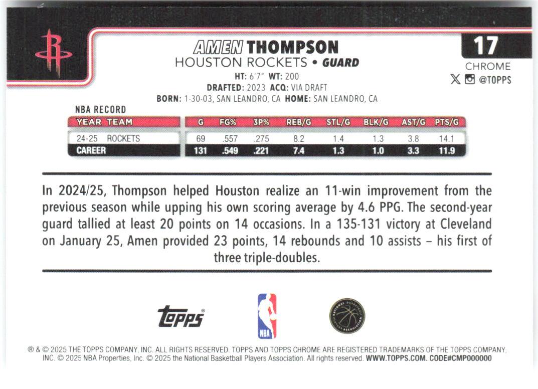 Amen Thompson Topps Chrome 17 2025-26 Houston Rockets