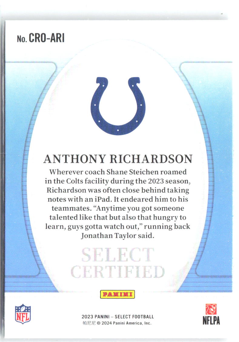 Anthony Richardson Panini Select Certified Rookies CRO-ARI 2023 Colts