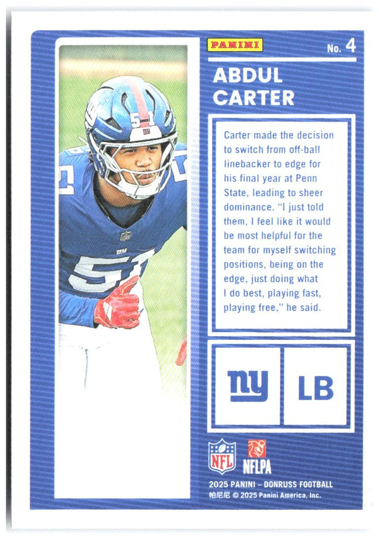 Abdul Carter Donruss - The Rookies 4 2025 New York Giants