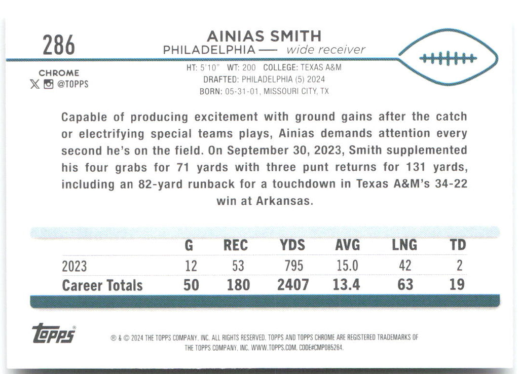 Ainias Smith Topps Chrome 286 2024 Philadelphia Eagles RC