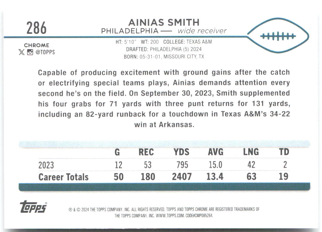 Ainias Smith Topps Chrome 286 2024 Philadelphia Eagles RC