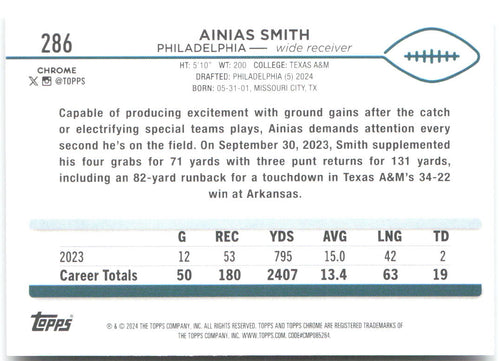 Ainias Smith Topps Chrome 286 2024 Philadelphia Eagles RC