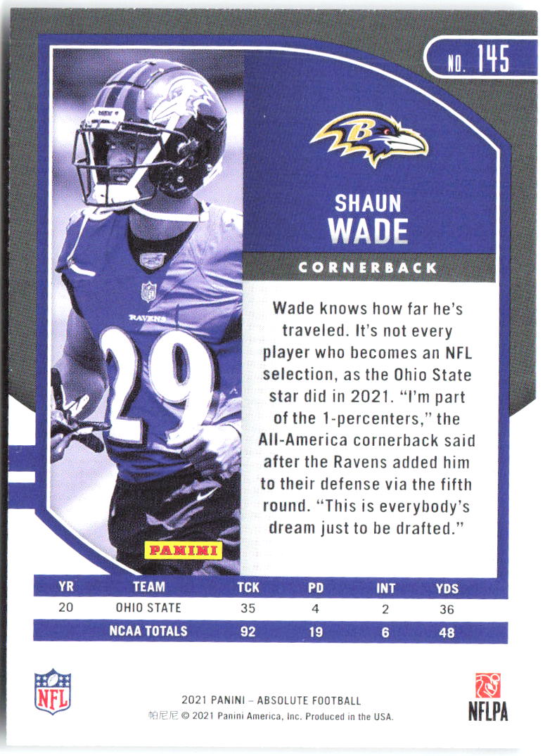 Shaun Wade Panini Absolute - Retail 145 2021 Baltimore Ravens RC