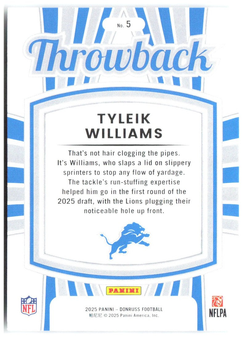 Tyleik Williams Donruss - Rated Rookies Throwback 5 2025 Detroit Lions
