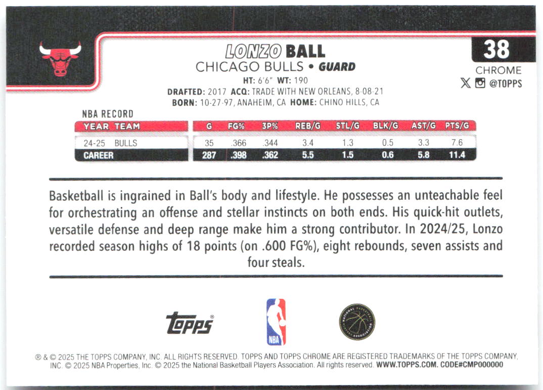Lonzo Ball Topps Chrome 38 2025-26 Chicago Bulls