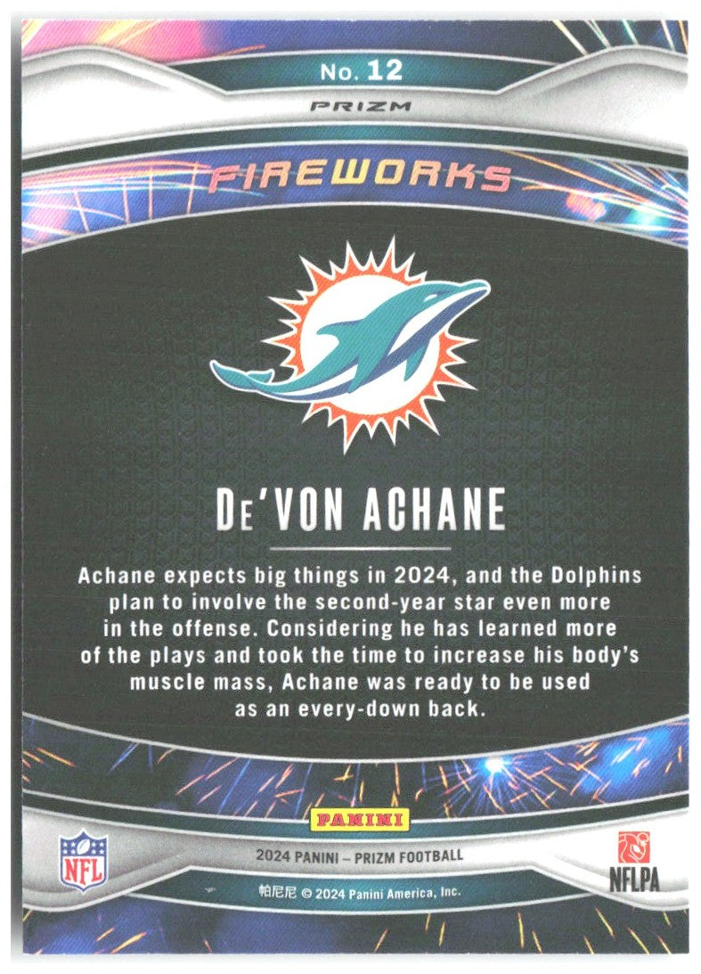 De'Von Achane Panini Prizm - Fireworks Green Ice Prizm 12 2024 Miami Dolphins