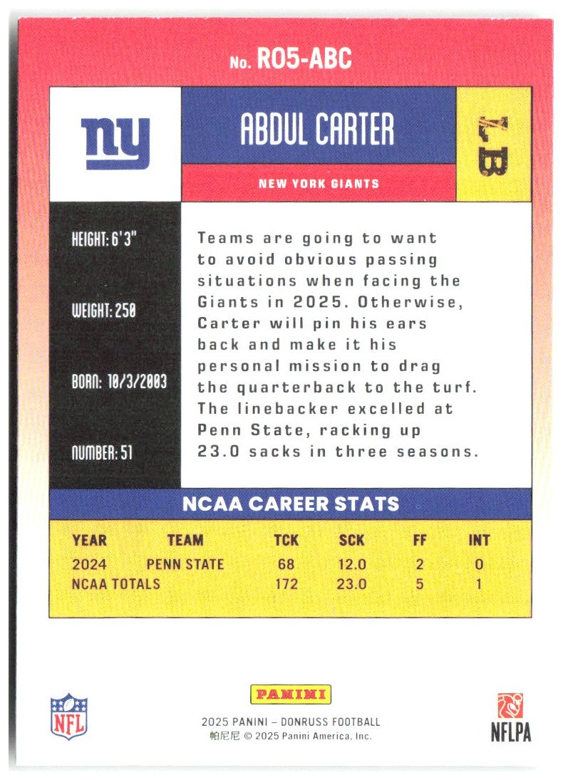Abdul Carter Donruss - Retro 2005 R05-ABC 2025 New York Giants