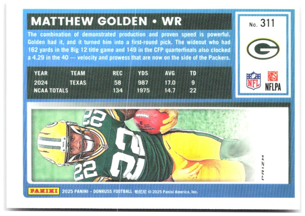 Matthew Golden Donruss - Optic Rated Rookies Pink 311 2025 Green Bay Packers